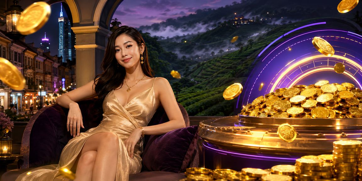 Suasana hiburan kasino bergaya Malaysia dengan cahaya malam yang meriah